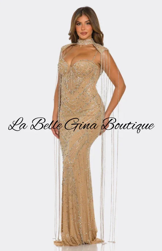 Luxury Rhinestone Mesh Evening Gown – Sparkling Mermaid Maxi Dress with Cape Detail