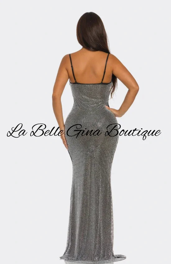 Feather Crystal Embellished Cutout Gown – Luxury Evening Maxi Dress