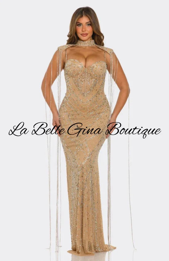 Luxury Rhinestone Mesh Evening Gown – Sparkling Mermaid Maxi Dress with Cape Detail