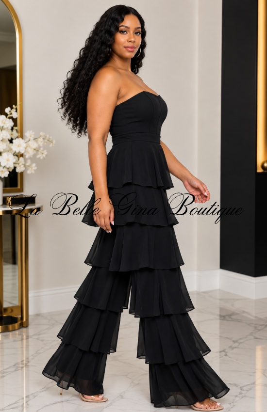 Luxe Strapless Tiered Ruffle Jumpsuit – Elegant Wide Leg Party Jumpsuit