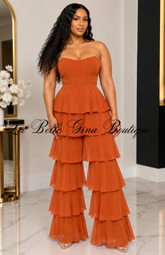 Luxe Strapless Tiered Ruffle Jumpsuit – Elegant Wide Leg Party Jumpsuit