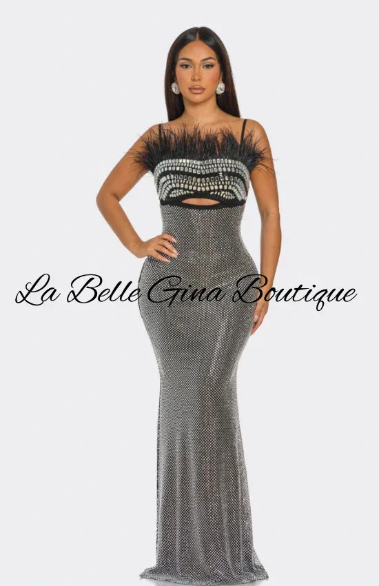 Feather Crystal Embellished Cutout Gown – Luxury Evening Maxi Dress