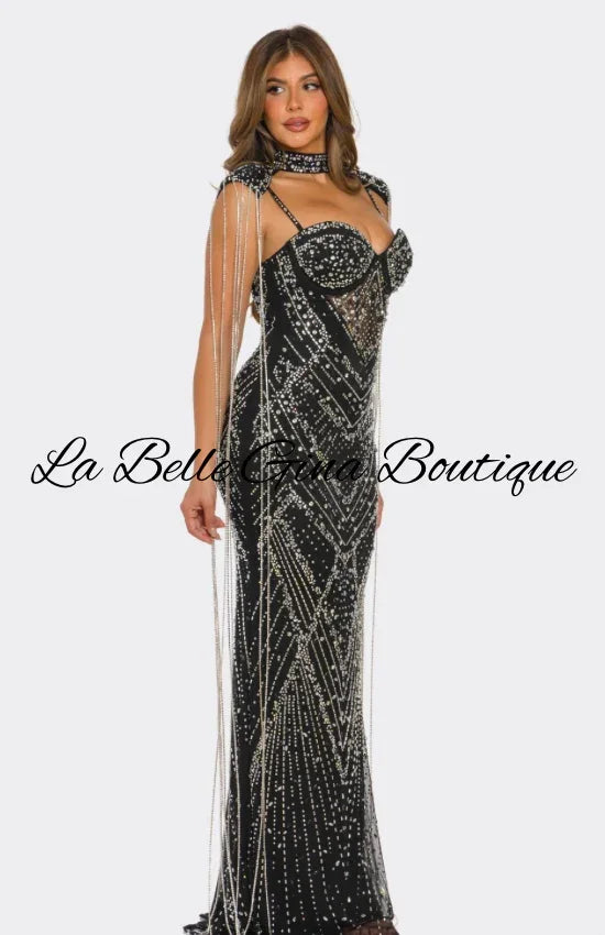 Luxury Rhinestone Mesh Evening Gown – Sparkling Mermaid Maxi Dress with Cape Detail