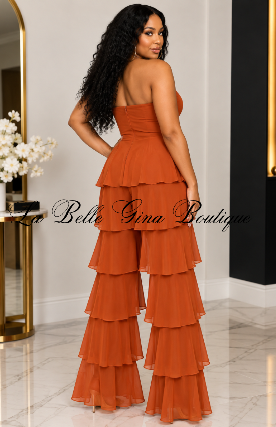 Luxe Strapless Tiered Ruffle Jumpsuit – Elegant Wide Leg Party Jumpsuit
