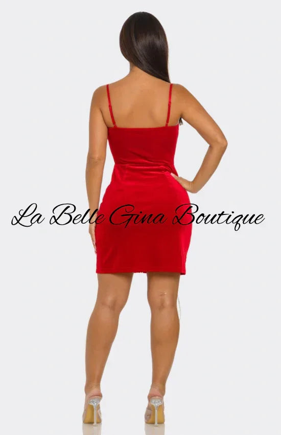 Velvet Rhinestone Bodycon Mini Dress – Red & Black Sparkle Party Dress