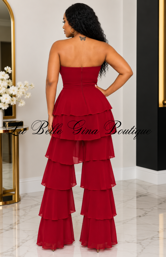 Luxe Strapless Tiered Ruffle Jumpsuit – Elegant Wide Leg Party Jumpsuit