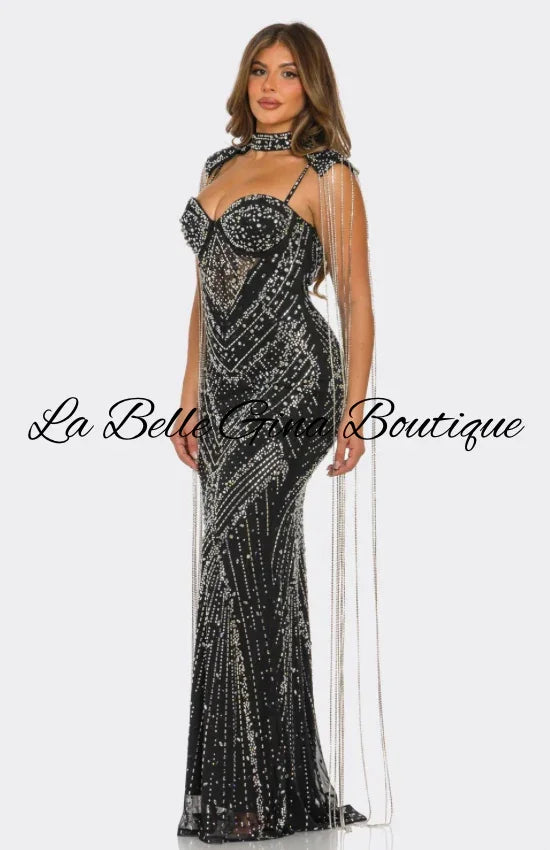 Luxury Rhinestone Mesh Evening Gown – Sparkling Mermaid Maxi Dress with Cape Detail