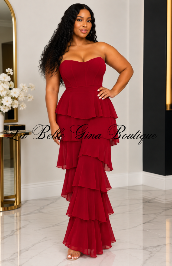 Luxe Strapless Tiered Ruffle Jumpsuit – Elegant Wide Leg Party Jumpsuit