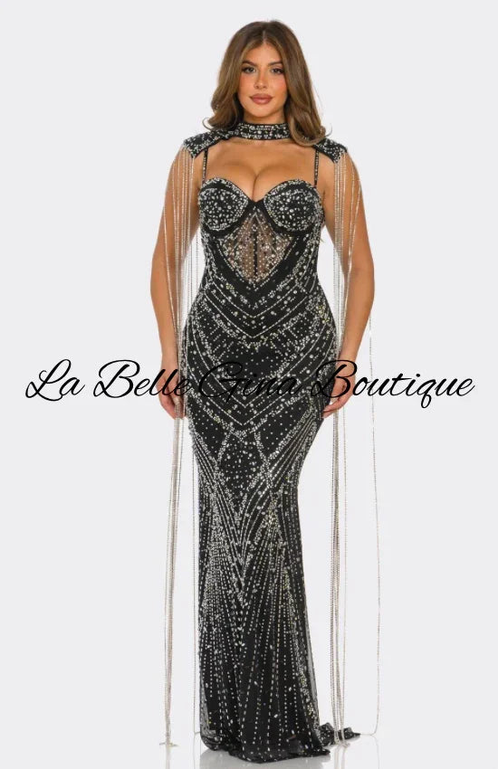 Luxury Rhinestone Mesh Evening Gown – Sparkling Mermaid Maxi Dress with Cape Detail
