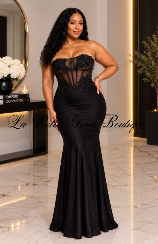 Luxe Strapless Lace Corset Mermaid Maxi Dress