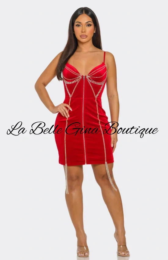 Velvet Rhinestone Bodycon Mini Dress – Red & Black Sparkle Party Dress