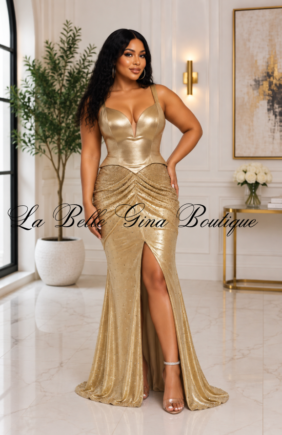 Golden Hour Rhinestone Corset Maxi Dress – Ruched High-Slit Formal Gown