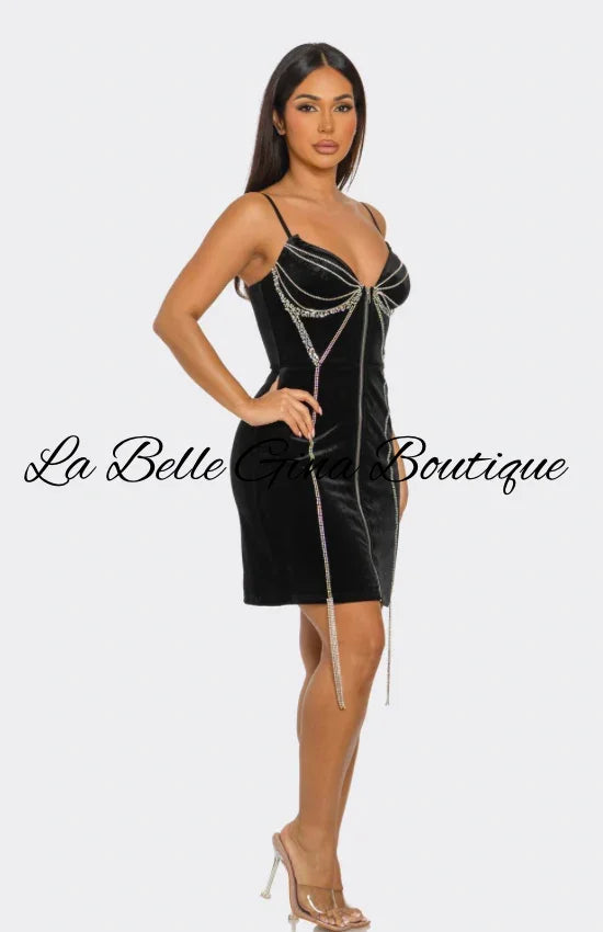 Velvet Rhinestone Bodycon Mini Dress – Red & Black Sparkle Party Dress