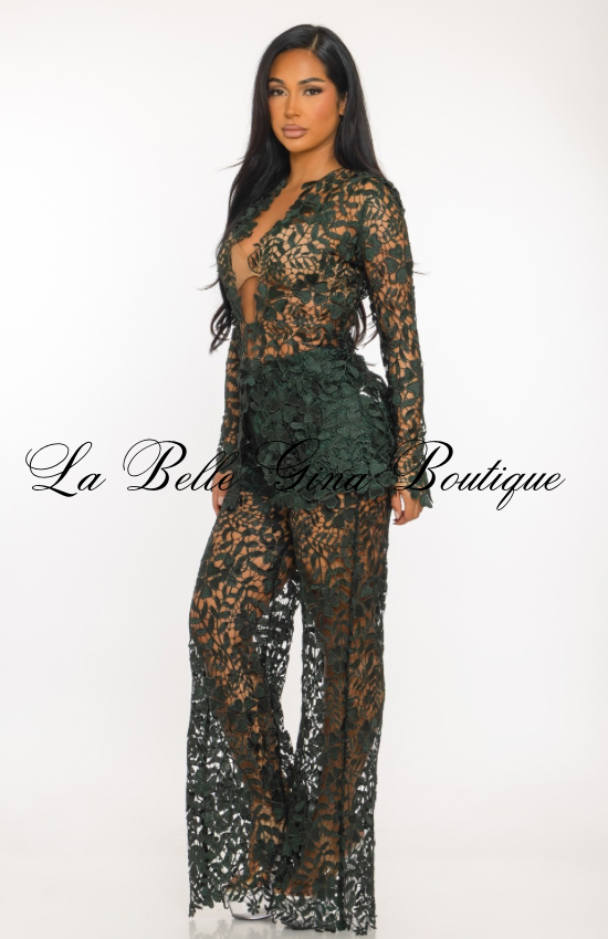Floral Sheer Lace Jumpsuit Set – Elegant Long Sleeve See-Through Pantsuit | Evening, Birthday & Special Occasion Outfit