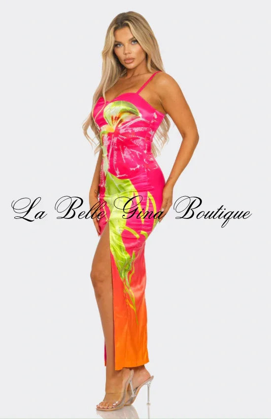 Tropical Paradise Hibiscus Maxi Dress – Sexy Slit Satin Vacation Dress | Summer Floral Bodycon Dress