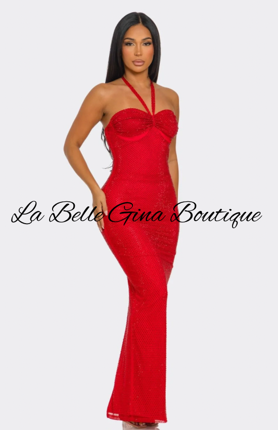 Luxury Sparkle Halter Maxi Gown – Curve Hugging Back Lace-Up Evening Dress | La Belle Gina Boutique