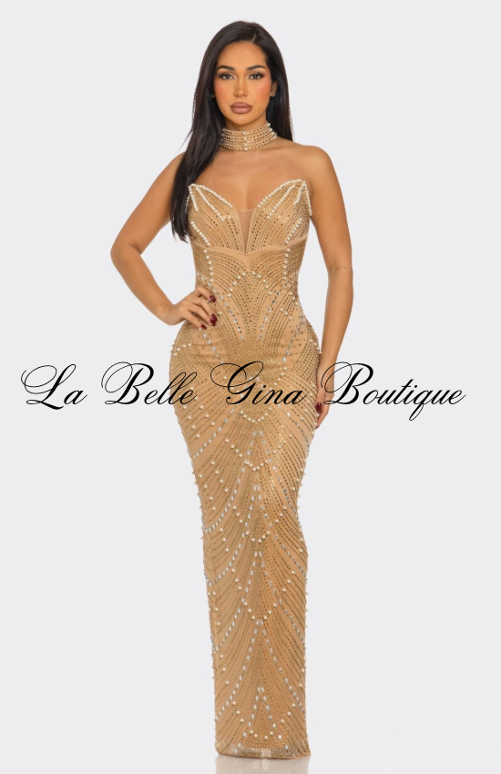 Glamour Muse Rhinestone Mesh Maxi Dress – Strapless Bodycon Evening Gown