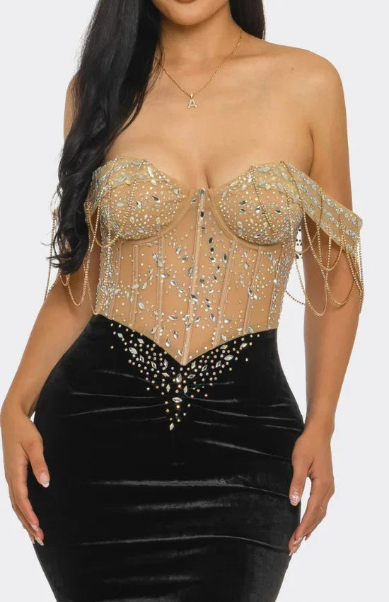 Royal Glam Rhinestone Corset Mermaid Maxi Dress – Luxury Off-Shoulder Velvet Evening Gown