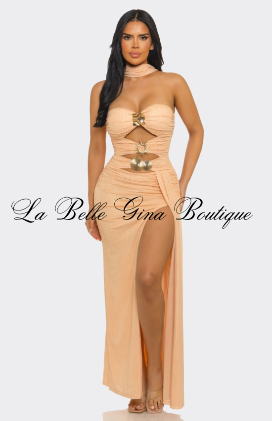 Women’s Ruched Cutout Maxi Dress with Gold Hardware – Strapless Bodycon Evening Gown with High Slit