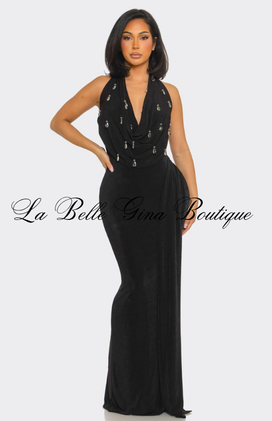 Halter Neck Maxi Dress: Elegant Backless Evening Gown La Belle Gina Boutique Halter Neck Maxi Dress: Elegant Backless Evening Gown La Belle Gina Boutique