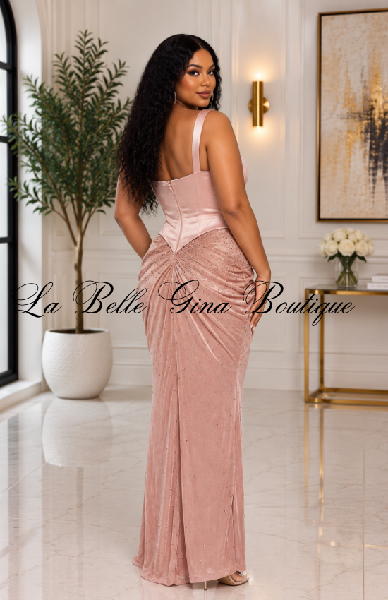 Golden Hour Rhinestone Corset Maxi Dress – Ruched High-Slit Formal Gown
