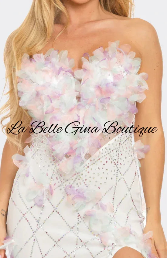 Strapless Floral Applique Evening Gown – Pink & White Luxury Slit Dress