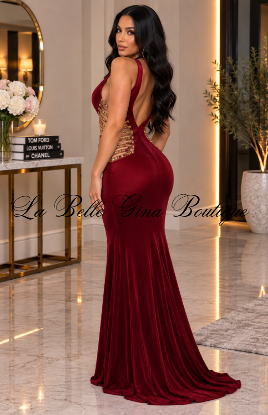 Velvet Desire Embellished Mermaid Gown – Plunging Neck Formal Evening Dress