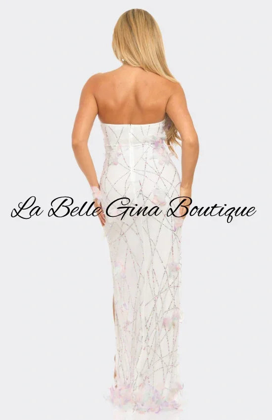 Strapless Floral Applique Evening Gown – Pink & White Luxury Slit Dress