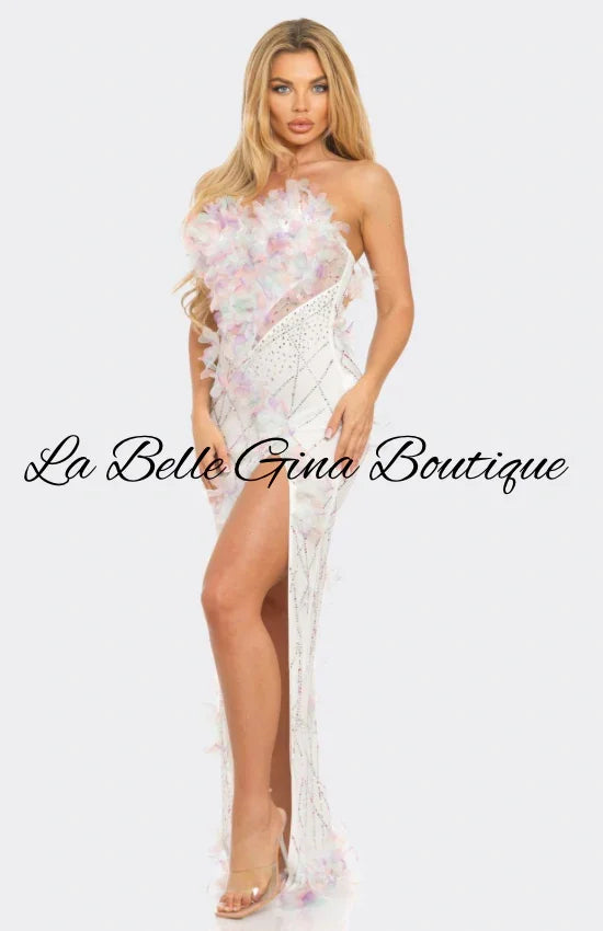 Strapless Floral Applique Evening Gown – Pink & White Luxury Slit Dress