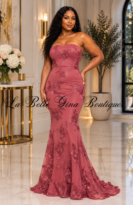 Rose Elegance Floral Lace Mermaid Maxi Dress – Strapless Lace-Up Formal Gown