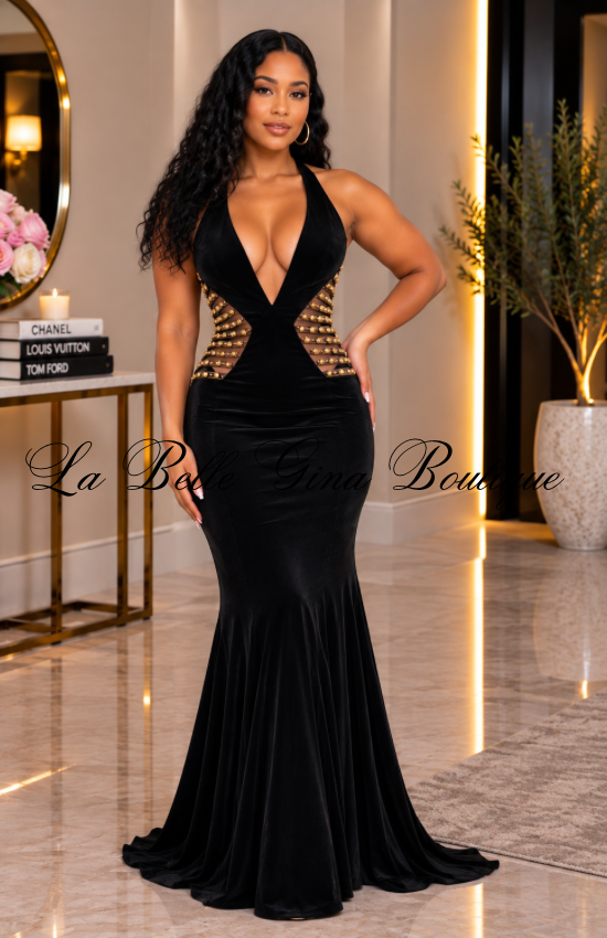 Velvet Desire Embellished Mermaid Gown – Plunging Neck Formal Evening Dress