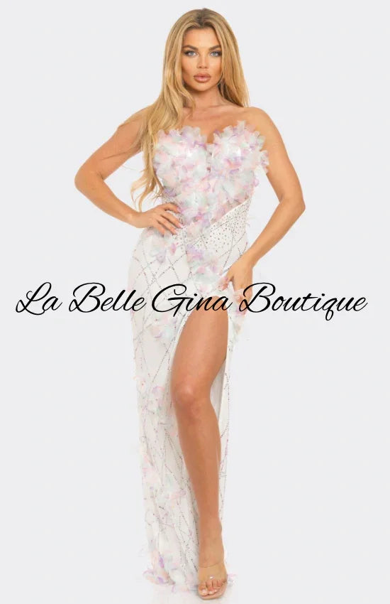 Strapless Floral Applique Evening Gown – Pink & White Luxury Slit Dress