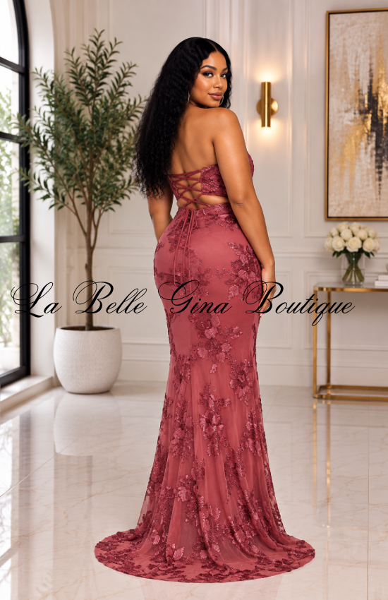 Rose Elegance Floral Lace Mermaid Maxi Dress – Strapless Lace-Up Formal Gown