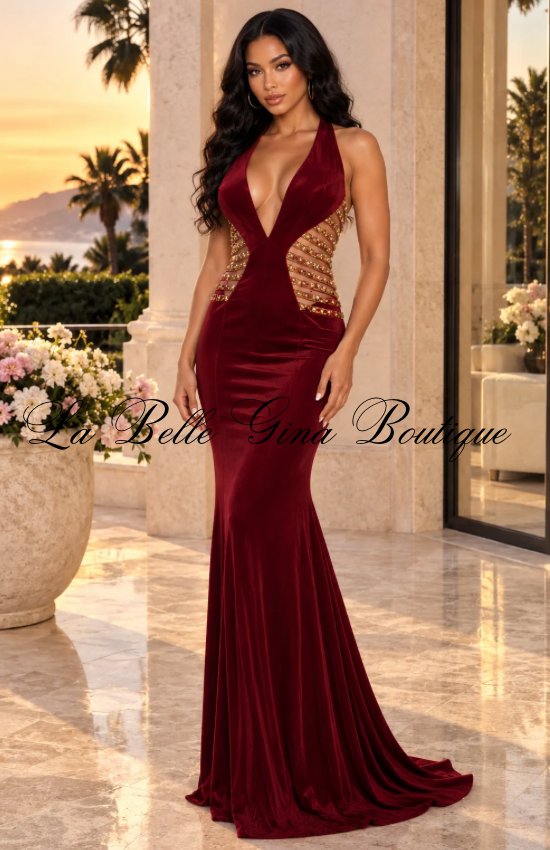 Velvet Desire Embellished Mermaid Gown – Plunging Neck Formal Evening Dress