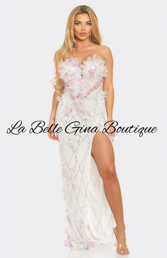Strapless Floral Applique Evening Gown – Pink & White Luxury Slit Dress