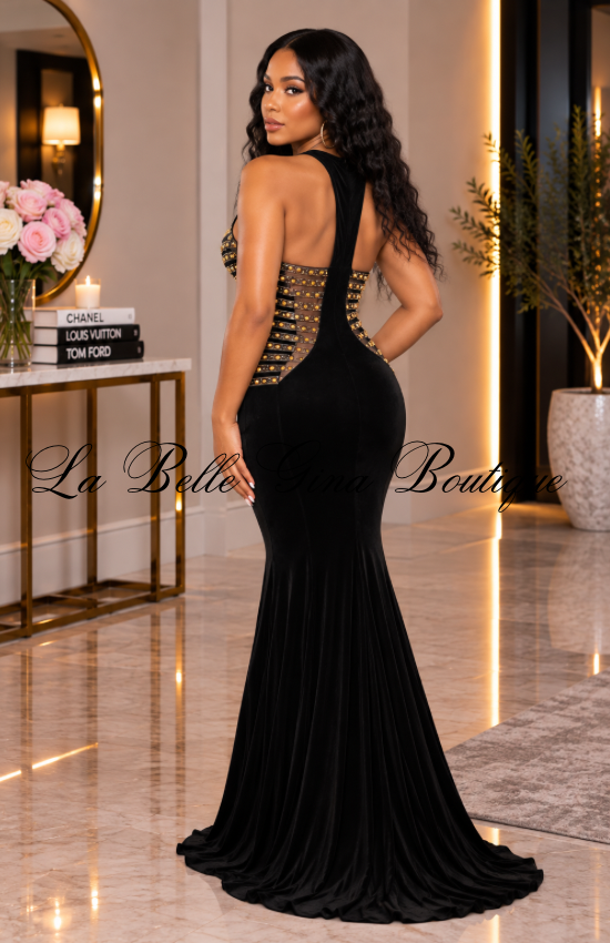 Velvet Desire Embellished Mermaid Gown – Plunging Neck Formal Evening Dress