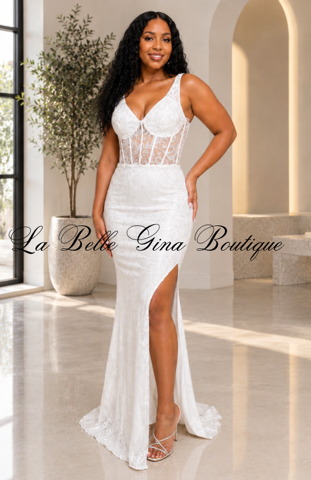 Enchanted Lace Corset Maxi Dress – Glitter Mesh High-Slit Formal Gown