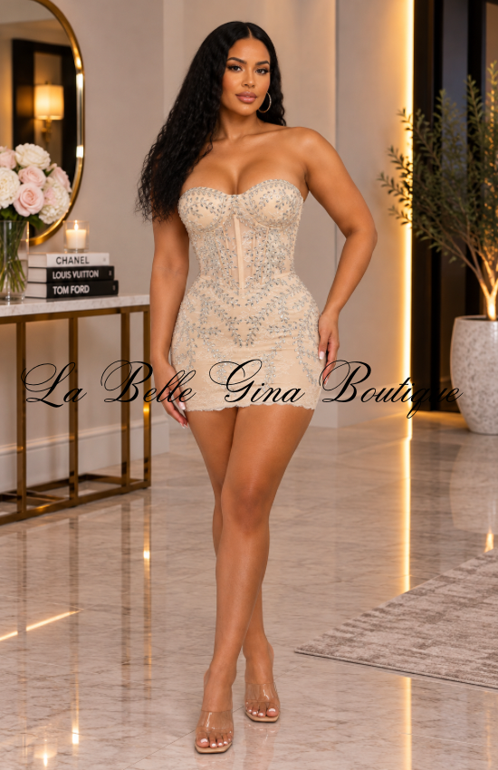 Luxe Rhinestone Corset Mini Dress – Strapless Embellished Party Dress