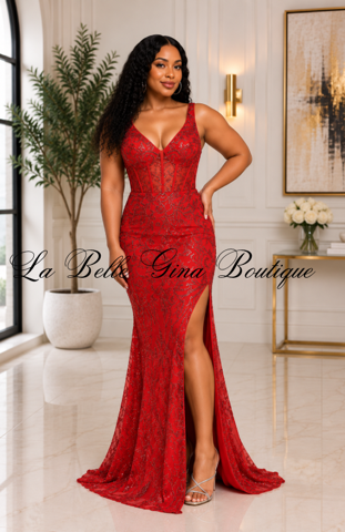Enchanted Lace Corset Maxi Dress – Glitter Mesh High-Slit Formal Gown
