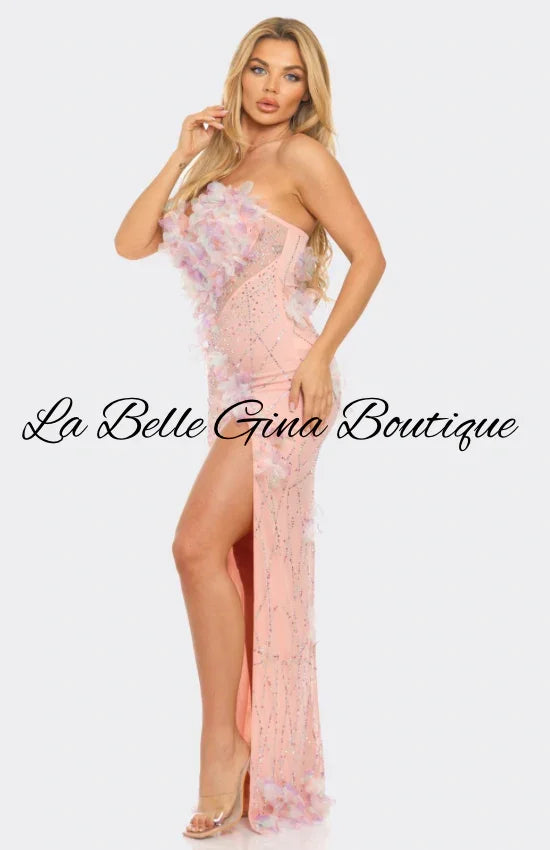 Strapless Floral Applique Evening Gown – Pink & White Luxury Slit Dress