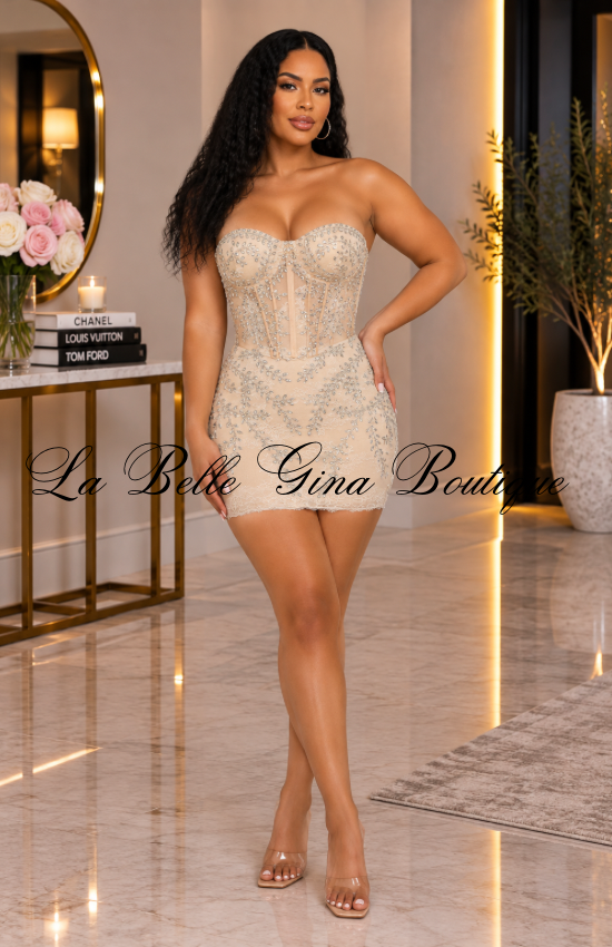 Luxe Rhinestone Corset Mini Dress – Strapless Embellished Party Dress