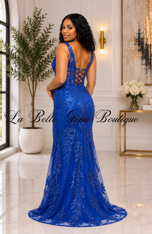 Enchanted Lace Corset Maxi Dress – Glitter Mesh High-Slit Formal Gown
