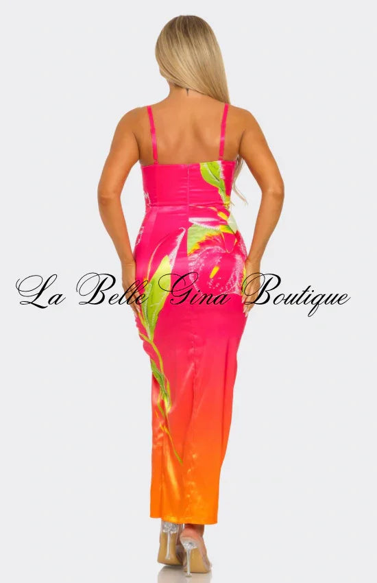 Tropical Paradise Hibiscus Maxi Dress – Sexy Slit Satin Vacation Dress | Summer Floral Bodycon Dress