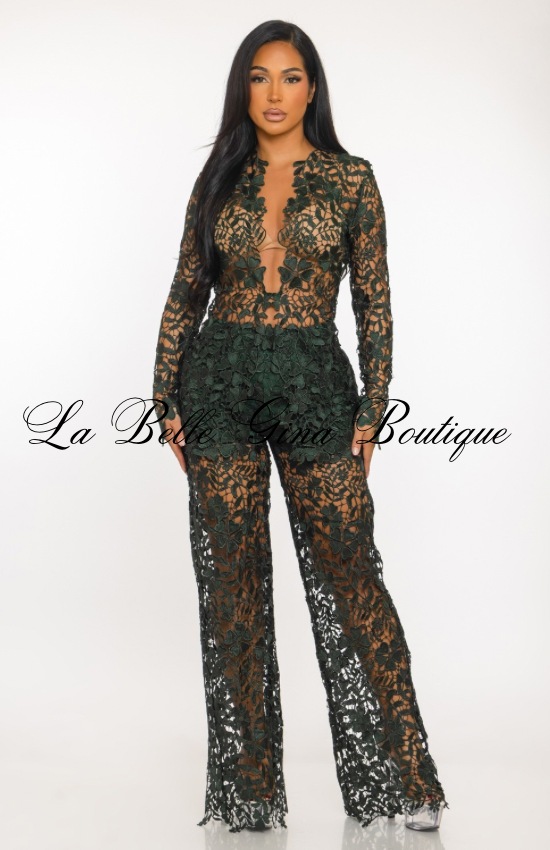 Floral Sheer Lace Jumpsuit Set – Elegant Long Sleeve See-Through Pantsuit | Evening, Birthday & Special Occasion Outfit