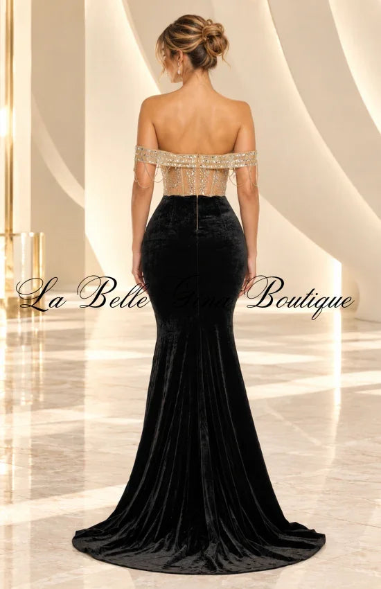 Royal Glam Rhinestone Corset Mermaid Maxi Dress – Luxury Off-Shoulder Velvet Evening Gown