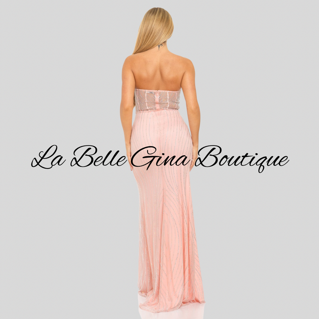 Strapless Rhinestone Mesh Corset Gown – Elegant High Slit Evening Dress