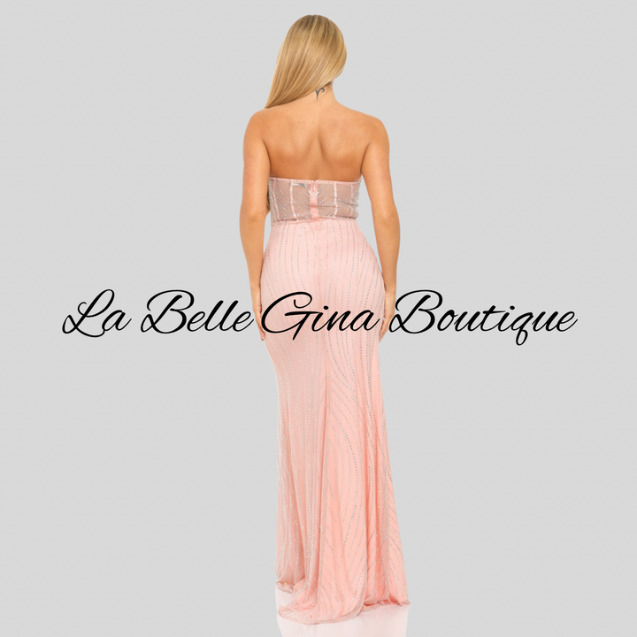 Strapless Rhinestone Mesh Corset Gown – Elegant High Slit Evening Dress