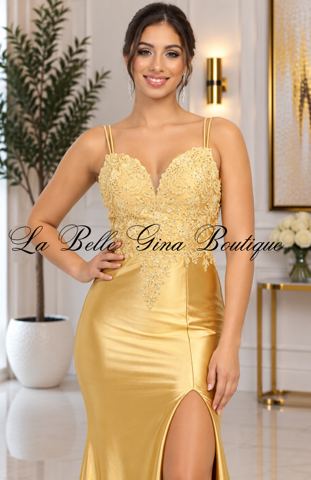 Golden Romance Lace Satin Maxi Dress – Plunging V-Neck High-Slit Formal Gown