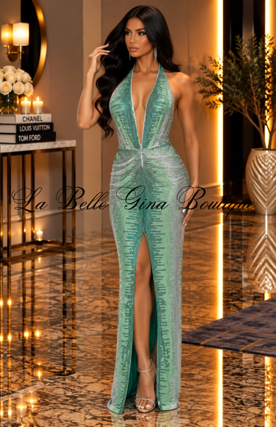 Gina Luxe Rhinestone Halter Maxi Dress – Plunging Neck Backless Evening Gown