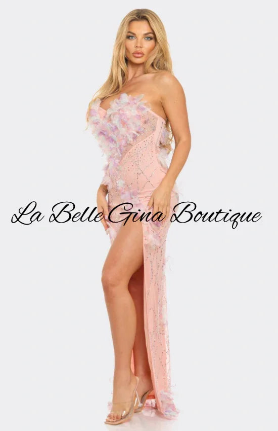 Strapless Floral Applique Evening Gown – Pink & White Luxury Slit Dress